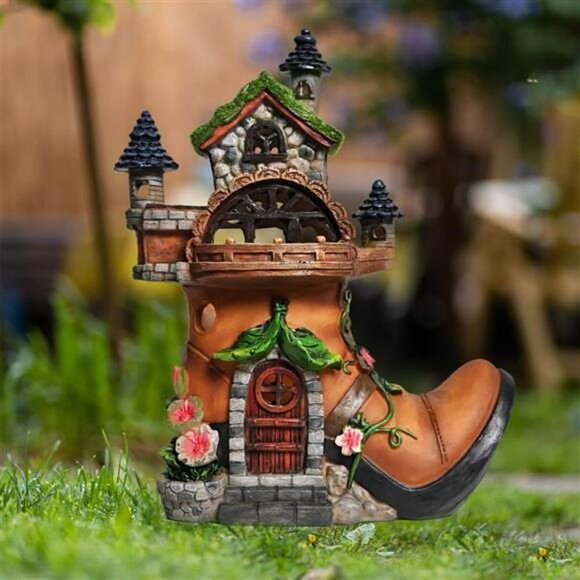 Resin Flocked Fairy House with Solar Powered Lights, Funny Garden Statues and Sc